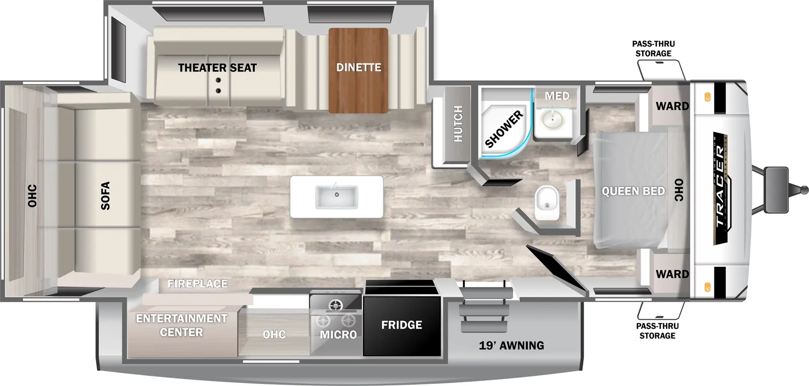 The 29RLS has two slideouts and one entry. Exterior features a 19 foot awning. Interior layout front to back: foot-facing queen bed with overhead cabinet and wardrobes on each side; off-door side full passthrough bathroom with medicine cabinet; entry door and off-door side hutch along inner wall; off-door side slideout with dinette and theater seat; kitchen island with sink; door side slideout with refrigerator, microwave, cooktop, overhead cabinet, countertop, and entertainment center with fireplace below; rear sofa with overhead cabinet.